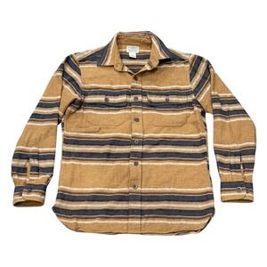 LL Bean Mens Chamois Flannel Shirt Stripe Western Slightly Fitted Small Reg Tan
